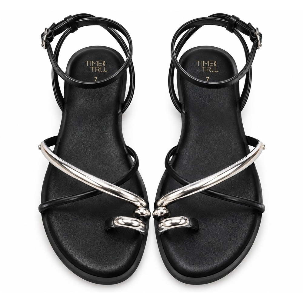 Time and Tru Women's Size 7 Black & Silver Strappy Flat Sandals – New With Tags